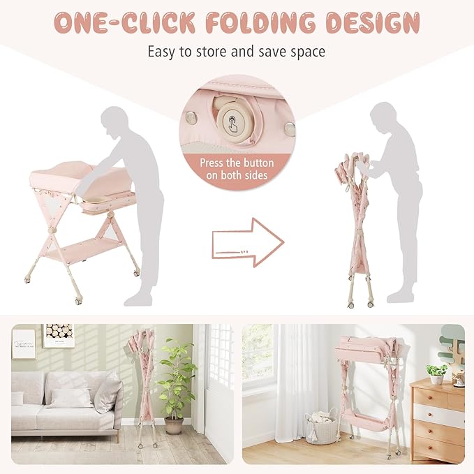 BABY JOY Portable Baby Changing Table, Foldable Diaper Changing Station w/Wheels, Adjustable Height, Large Storage Rack, Water Basin, Safety Belt, Mobile Nursery Organizer for Newborn Infant (Pink)