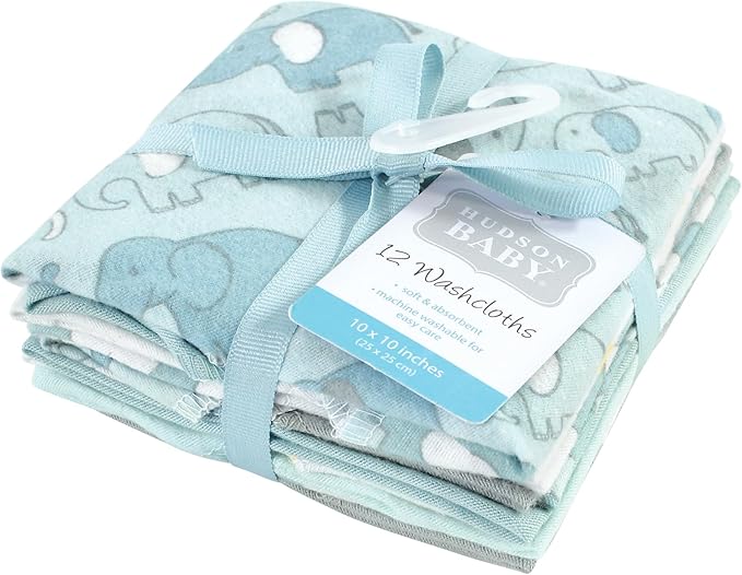 Hudson Baby Unisex Baby Flannel Washcloths, Boy New Elephant 12Pk, One Size