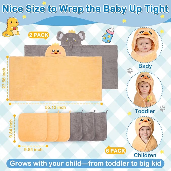 8 Pcs Toddler Towel Set, 2 Pcs Hooded Toddler Bath Towel, Large 55" x 27.5" Toddler Hooded Towel & 6 Pcs Baby Washcloths for Boy Girl 0-5 Year, Soft Gift for Babies, Infant, Newborn Essential