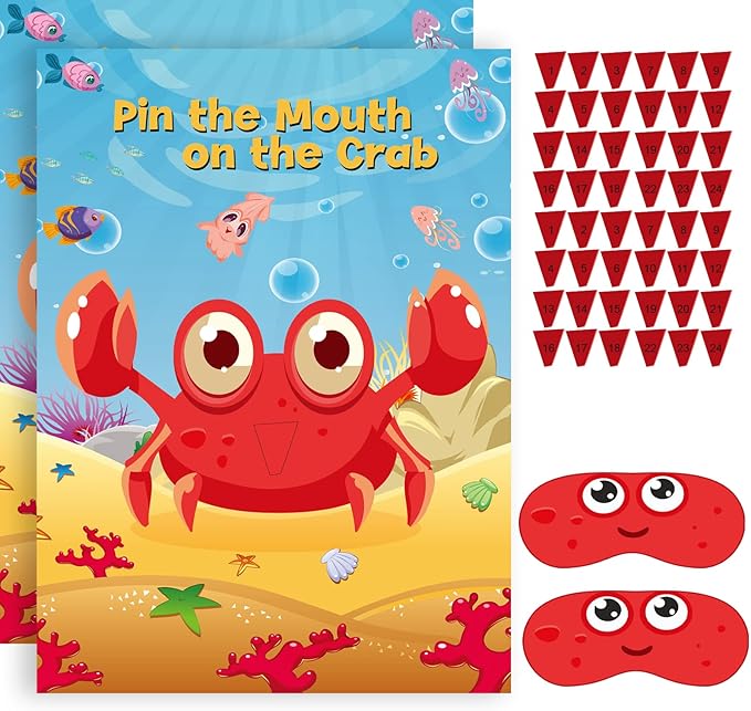 NEBURORA 2 Pack Pin The Mouth on The Crab Party Game 2 Large 21"x 28" Posters with 48pcs Stickers Ocean-themed Birthday Party Supplies Decorations for Kids Boys Classroom Game Wall Home Decor