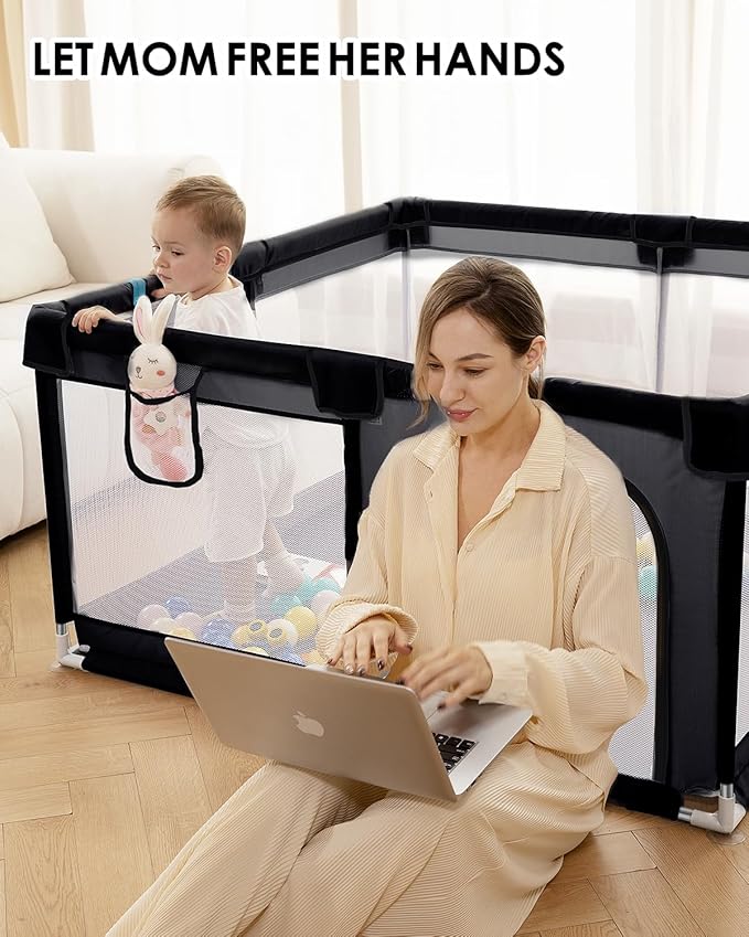 50" x 50" Extra Large Baby Playpen for Babies and Toddlers, Safe Activity Center with Soft Play Fence, Indoor Safety Yard, Easy to Assemble and Clean (Black)