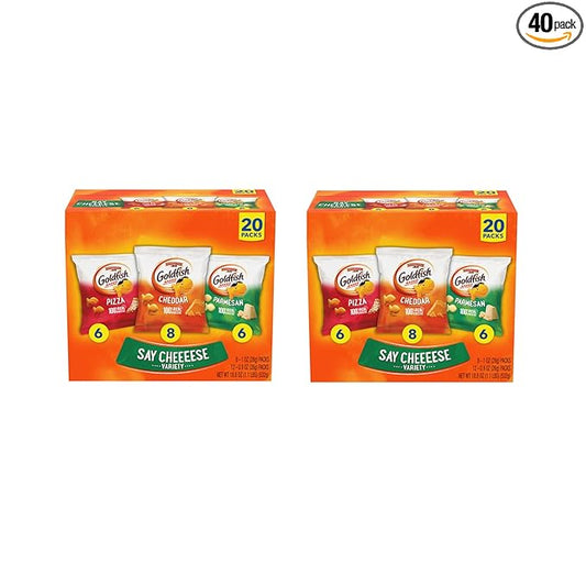 Goldfish Crackers Say Cheeeese Variety Pack with Cheddar, Pizza and Parmesan, Snack Packs, 20 Ct (Pack of 2)