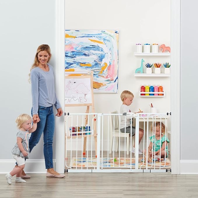 Regalo Safety Baby Gate 56 Inch Extra Wide for Doorways & Bottom of Stairs, Pressure Mount Design for Babies, Toddlers & Pets, Tested & Safe for 30 Years, American Designed, American Owned, White