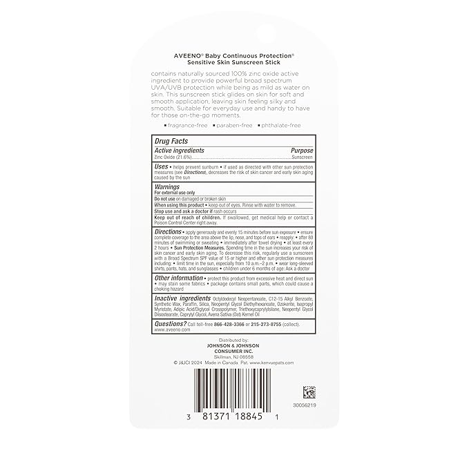 Aveeno Baby Continuous Protection Mineral Sunscreen Stick for Sensitive Skin with Broad Spectrum SPF 50 Protection for Face & Body, Naturally Sourced 100% Zinc Oxide, Travel Size, 0.47 oz