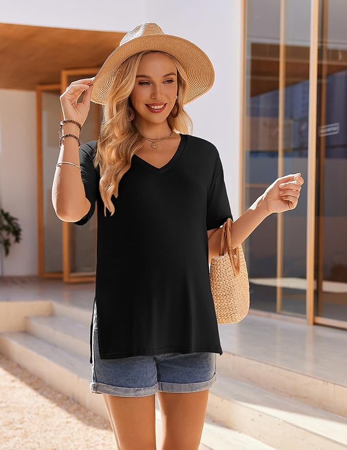 Ekouaer 3 Packs Women's Maternity Shirts V Neck Pregnancy Tops Short Sleeve Casual Workout Tees Side Split Mama Clothes
