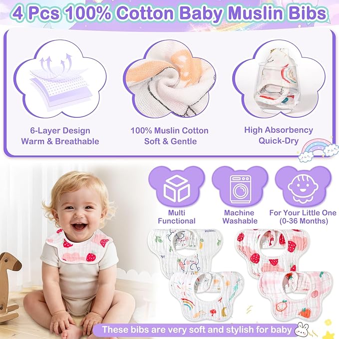 16 Pcs Baby Towels Set, Baby Towels and Washcloths Set,4 Pcs Animal Hooded Baby Towels, 4 Pcs Baby Bibs & 8 Pcs Washcloths Set for Infants, Toddlers and Kids-Unicorns, Rabbits, Kittens & Chicks