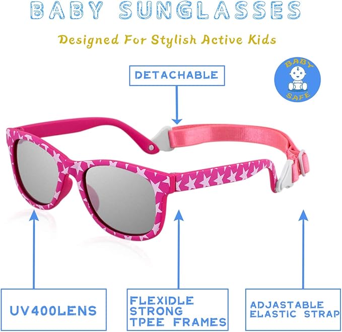 MAXJULI Baby Infant Sunglasses Safe, Soft, With Adjustable Strap 0-24 Months BPA Free 7002