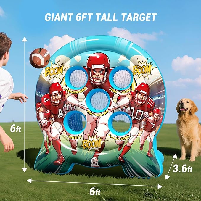 6Ft Inflatable Football Target Toss Game - Giant Outdoor Carnival Party Games for Backyard & Tailgate - Arcade Sports Toy with Electric Pump - 4 Easy-Grip Balls Gifts for Boys 3 4 5 6 7 8-12 Year Old