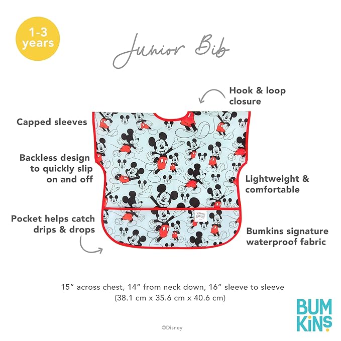 Bumkins Disney Short Sleeve Bib for Girl or Boy, Toddler and Kids for 1-3 Years, Large Size, Essential Must Have for Junior Children, Eating, Mess Saving Soft Fabric Apron for Play, Mickey Mouse