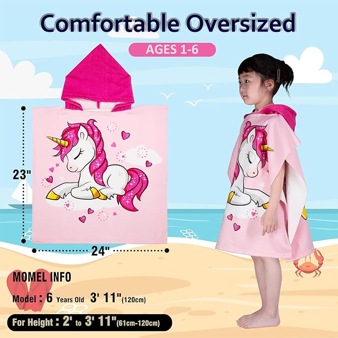 Hooded Kids Beach Towels - Toddler Bath Towel Girls Boys Swim Cover-ups for Ages 1 to 6 Kids Pool Towels Quick Dry Lightweight Soft Microfiber Poncho Towel 24x23(Unicorn Pink)