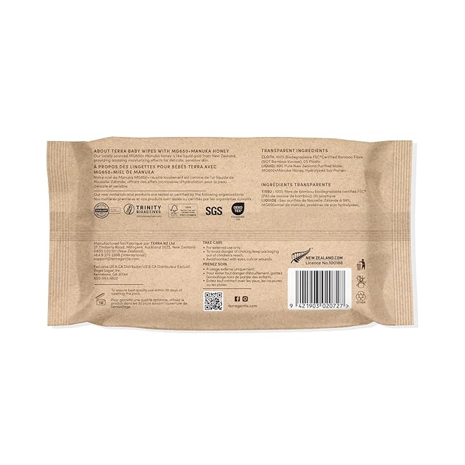Terra Bamboo Baby Wipes: Manuka Honey, 99.5% Pure New Zealand Water, 100% Biodegradable Bamboo Fiber, 0% Plastic, Unscented Baby Wipes for Sensitive Skin, 1 Pack of 70 Wipes