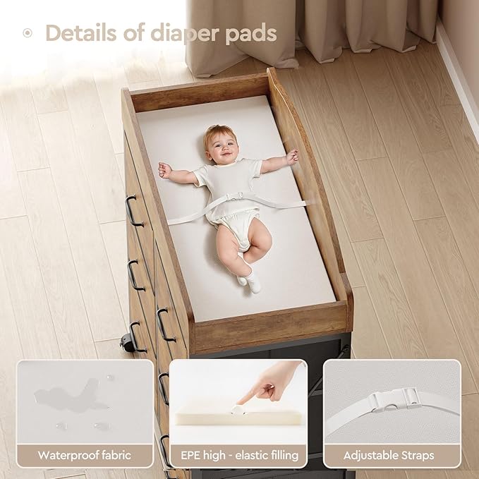 Baby Changing Table Dresser with Wheels, 6-Fabric Drawer Baby Dresser with Changing Table Top, Waterproof Diaper Changing Station & Pad, Mobile Storage Unit, Baby Furniture, Rustic Brown