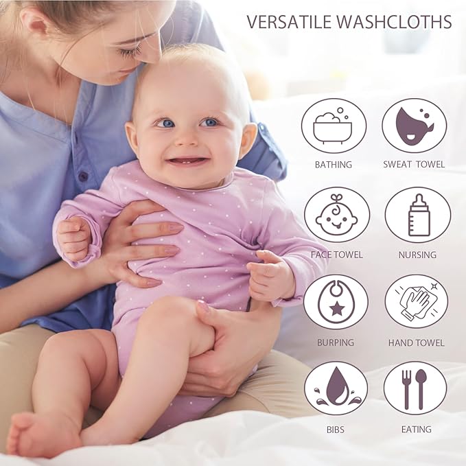 12 Pack Baby Washcloths 100% Cotton - Small Terry Wash Cloths 7.8" x 7.8" Soft Face Washcloth for Hand Body Sensitive Skin Thin Absorbent Wipes for Newborns Infant