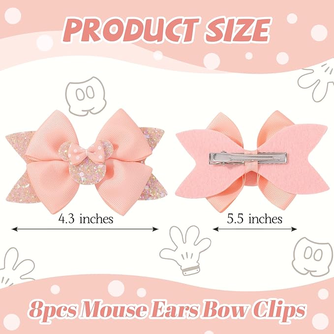8PCS Mouse Ears Hair Bow Clips, 4 Inch Toddler Girls Polka Dot Hair Accessories, Birthday Party Decoration for Baby Toddler Girls