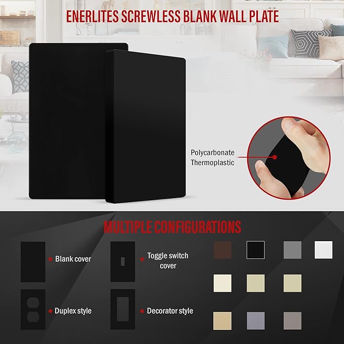 ENERLITES Screwless Blank Wall Plate, Child Safe Blank Device Outlet Cover, Standard Size, 1-Gang 4.68" x 2.93", Polycarbonate Thermoplastic, UL Listed, SI8801-BK, Glossy, Black