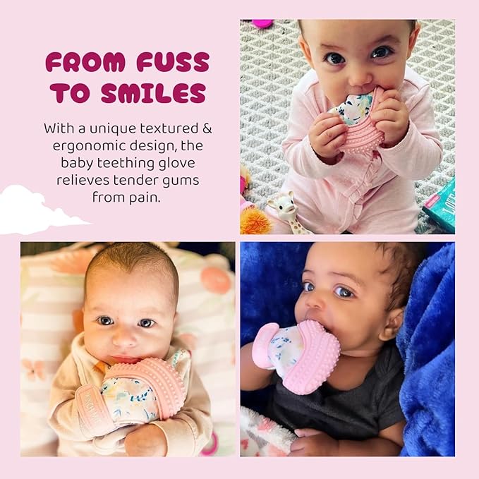 Malarkey Kids Patented Teething Mitten, Munch Mitt Baby Chew Toy - Protects Hands from Chewing & Saliva, Heals Aching Gums, Promotes Sound & Visual Stimulation for Babies - Pink Floral