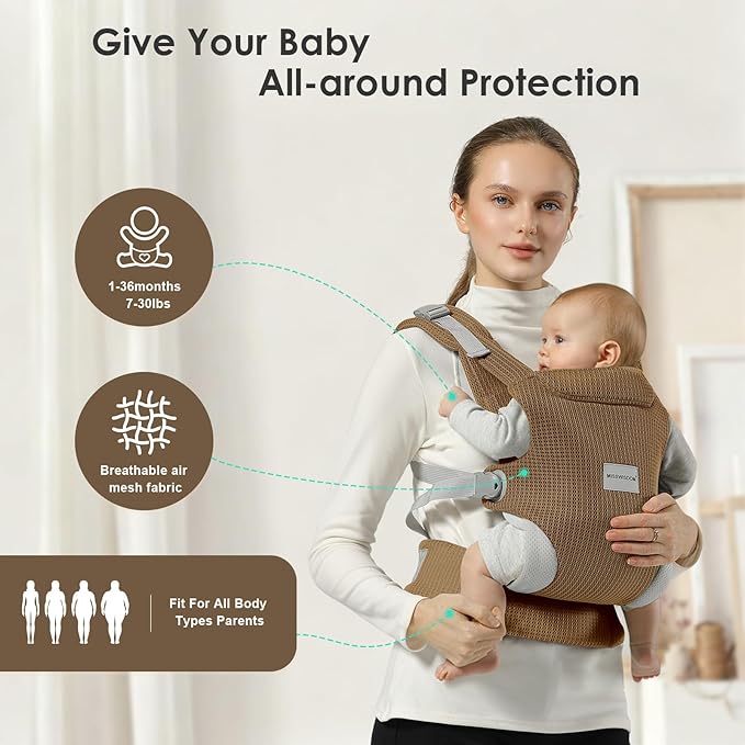 Baby Carrier Newborn to Toddler, Easy Adjustable Toddler Carrier for 7-30lbs, Baby Holder Wrap Carrier, Breathable Mesh Fabric Infant Kangaroo Hip Carriers with Lumbar Support, Brown