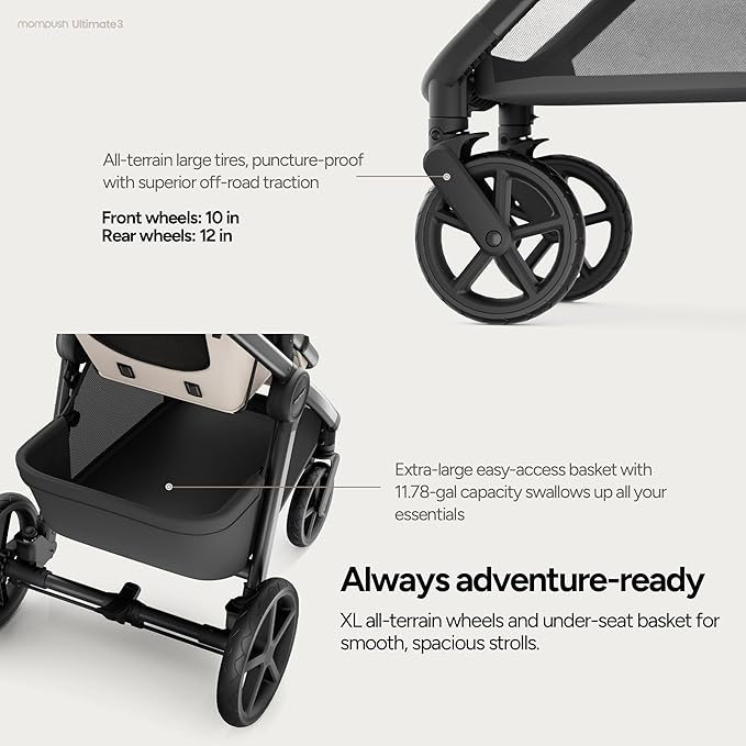 Mompush Ultimate 3 Full Size Baby Stroller with Bassinet from Newborn to 50 lbs - All-Terrain Large Wheels with Full Suspension, Reversible & Extendable Seat for Growing Kids, One-Second Compact Fold