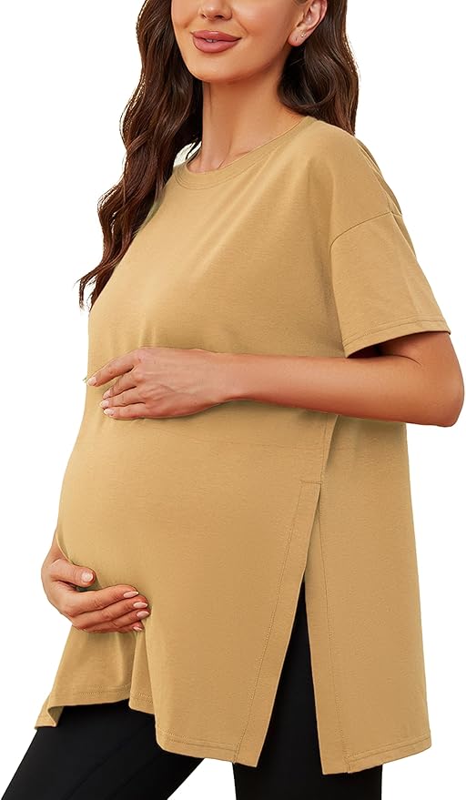 Ecavus Women's Casual Maternity Shirts Split Side Pregnancy Tops Blouses Short Sleeve Loose Fit Maternity Clothes