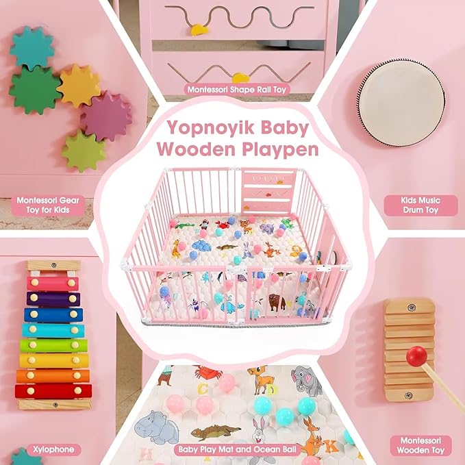 Foldable Wooden Baby Playpen with Soft Play Mat, Adjustable Playpen for Babies and Toddlers with 36 Colorful Balls, Portable Baby Fence Play Area Activity Center with Gate for Toddlers(56x56x23inches)