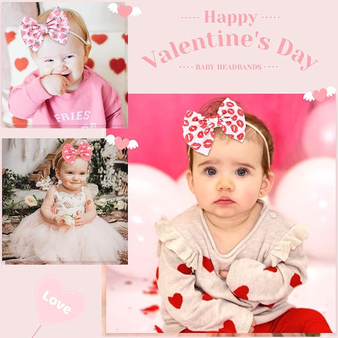 Valentine's Day Baby Headbands Pink Red Love Heart Printed Elastic Nylon Valentines Hairbands for Baby Girls Newborn and Infant 3 Pcs (Valentine's Day- A)