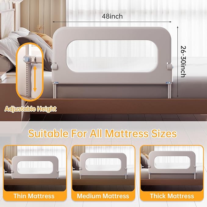 Baby Bed Guard Rail for Toddler - 48in Adjustable Heights, Swing Down Bedrail, Extra Tall Child Safety Side Railing Guards for Kids - Toddler Bed Rail for Queen, King, Twin, and Bunk Size Beds - Full