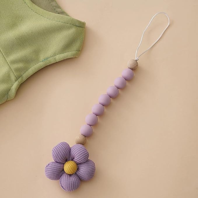 2pcs Flower Pacifier Clip, Silicone Bead Pacifier Clip for Baby Girls Pink Purple Color Daisy Birthday Christmas Gift(B)