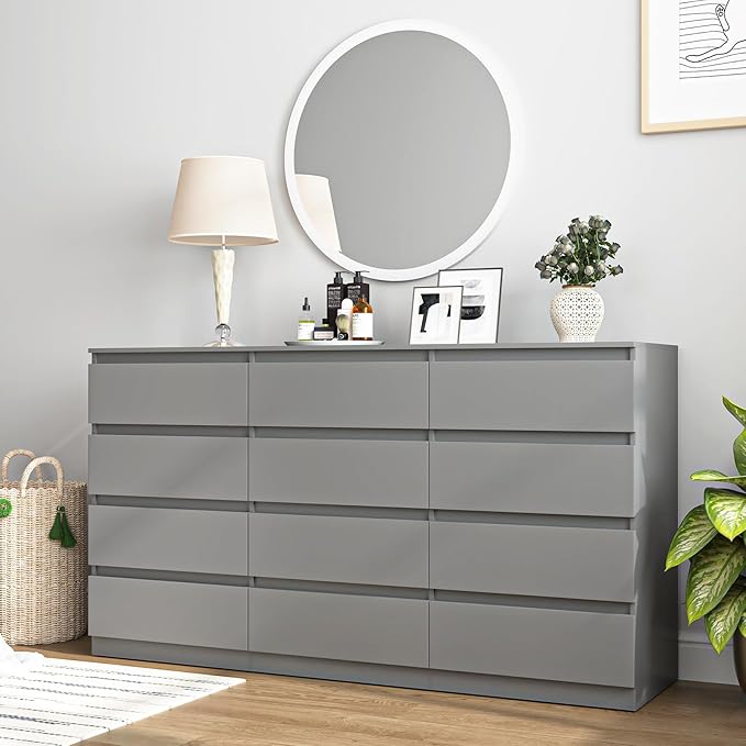 Grey 12 Drawer Dresser for Bedroom,Modern Large Long Dresser with Deep Drawer,Wide Storage Chest of Drawer,Wood Bedroom Storage Organizer Drawers for Bedroom
