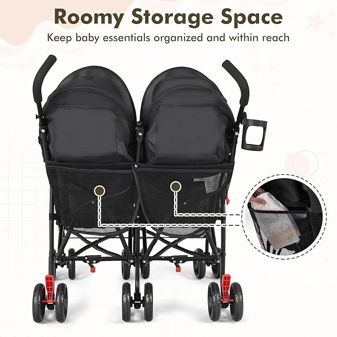 BABY JOY Double Umbrella Stroller, Lightweight Travel Side by Side Twin Stroller with Large Storage, Cup Holder, 5-Point Safety Harness, Adjustable Canopy & Compact Fold for Infant and Toddler (Black)