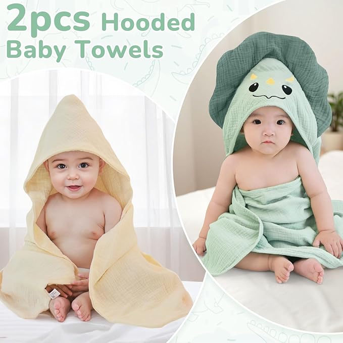 Unicorn Castle Hooded Baby Towels 2Pack 100% Muslin Baby Bath Towels for Newborn Animal Design Ultra-Soft Baby Girl Boy Bath Essentials 30 X 30 Inch,Green Dinosaur - Beige