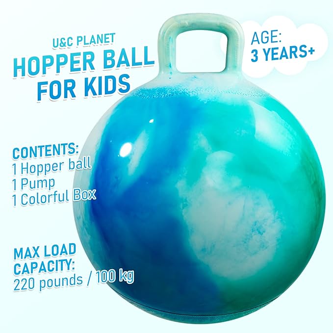 U&C Planet Hopper Ball 18 inches Bouncy Ball with Handle for Kids Age 3-6 Hoppity Hop Sit and Bounce Jumping Hopping with Pump and Gift Box Great Gift for Birthday Christmas, Clouds