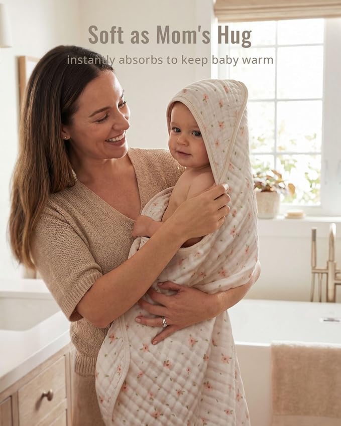 Blissful Diary Muslin Baby Hooded Towel 2 Pack, Soft & Absorbent Bath Towel for Baby Girls, Infant Gift, Newborn Essentials, Pink Floral & Light Pink
