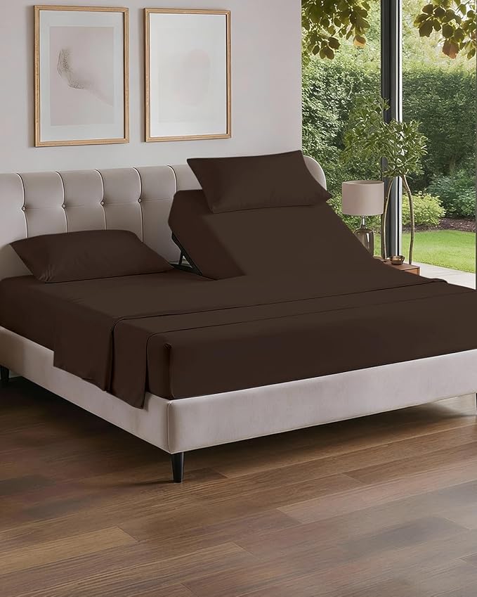 Flex Top Split Head King 4 Piece Sheet Set - Comfy Breathable & Cooling Bed Sheets Set - Hotel Luxury Bedding for Women, Men, Kids, Teens, Boys & Girls - Deep Pockets, Ultra-Soft - Oeko-Tex - Brown