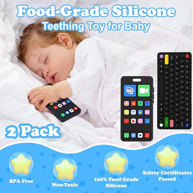 Baby Silicone Teething Toys, Phone and Keyboard Teether Toys for Toddlers 3-18 Months, Boys Girls Babies Teething Toy, Baby Chew Toy, Freezer BPA Free (PhoneKeyboard)