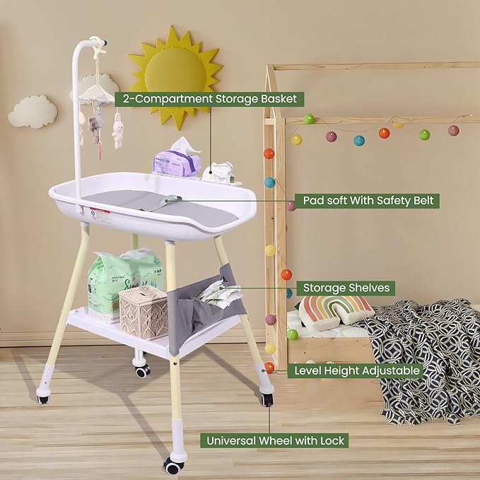 Baby Changing Table, Adjustable Height Diaper Changing Station with Baby Crib Mobile, Changing Pad, Nursery Organizer and Large Storage Rack for Infant and Newborn