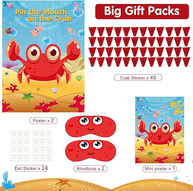 NEBURORA 2 Pack Pin The Mouth on The Crab Party Game 2 Large 21"x 28" Posters with 48pcs Stickers Ocean-themed Birthday Party Supplies Decorations for Kids Boys Classroom Game Wall Home Decor