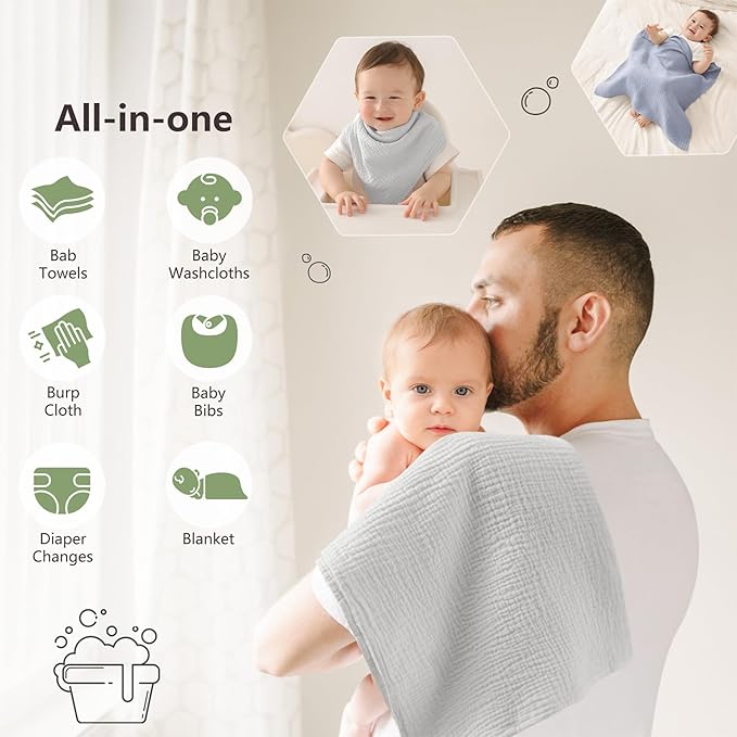 Susurration Muslin Burp Cloths 24x24 Inches Ultra Soft 100% Cotton, 4 or 7 Pack Baby Washcloths for Newborn, Absorbent Burp Rags & Swaddle Blankets