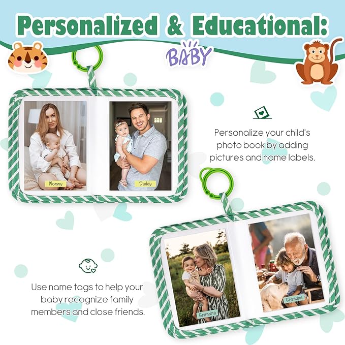 Lanpn My First Soft Cloth Family Photo Book Holds 17 4x6 Pictures, Baby Photo Album with Name Card Name Tag Stickers, Fabric Kid Memory Keepsake Gift for Baby Shower Newborn Toddler Boy Girl (Animal)