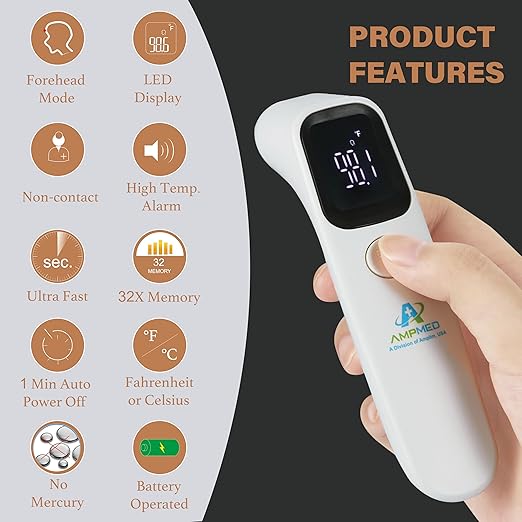 Amplim No-Touch Infrared Forehead Thermometer for Humans | Medical-Grade Temporal Artery Thermometer | 1-Second Fast Read with LED Display & Fever Alarm for Baby and Adults