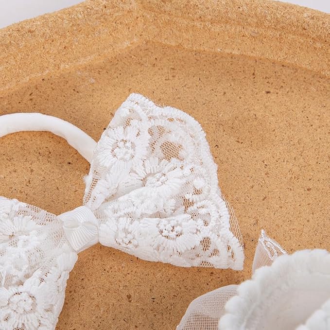 Baby Lace Bow Headband and Sock Set, Toddler Infant Cotton Socks Baptism Headband White Christening Headbands TSFD57
