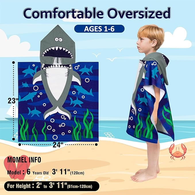Hooded Kids Beach Towels - Toddler Bath Towel Girls Boys Swim Cover-ups for Ages 1 to 6 Kids Pool Towels Quick Dry Lightweight Soft Microfiber Poncho Towel 24x23 (Buble Shark)