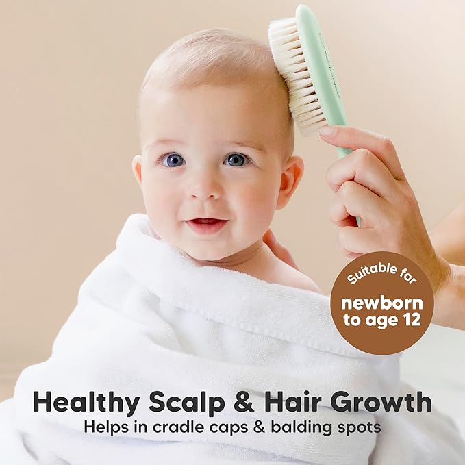 Baby Hair Brush Set for Newborns - Soft Goat Bristle Wooden Baby Brush and Comb Set Newborn Grooming Kit for Cradle Cap, Durable & Gentle, Boy, Girl Infant Essentials Care Kit (Oval, Sage)