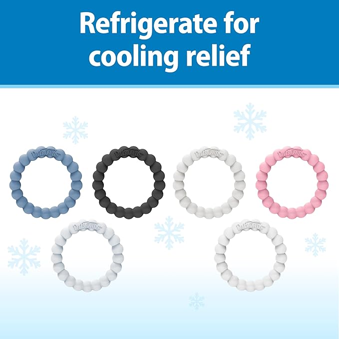 Dr. Brown's Flexees Teether Rings, 100% Silicone, Soft and Easy to Hold, Encourages Self-Soothe, 3 Pack, Blue, Light Blue, Black, BPA Free, 3m+