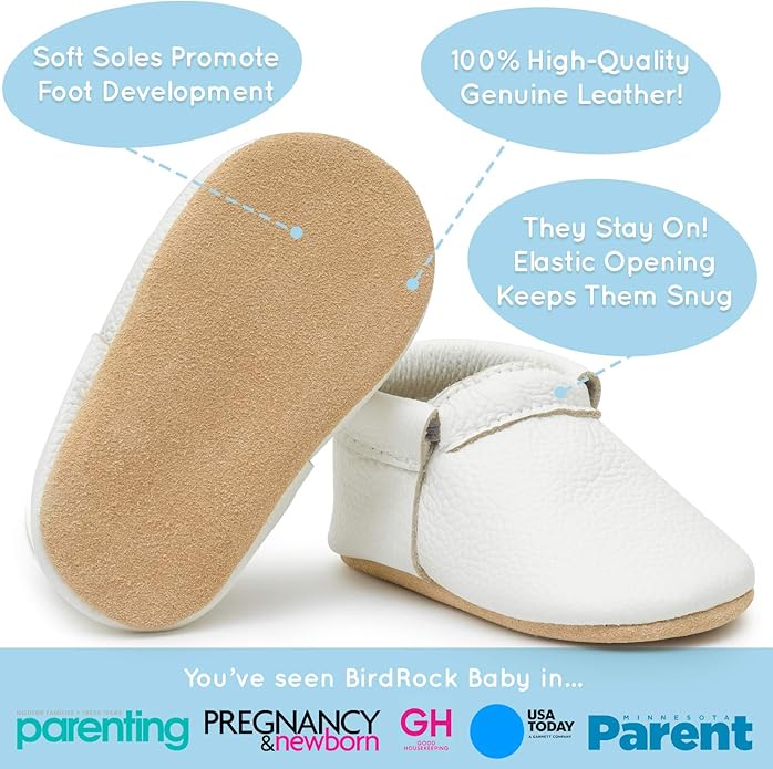 BirdRock Baby Fringeless Moccasins - Genuine Leather Boys and Girls Shoes for Newborns, Infants, Babies, Toddlers