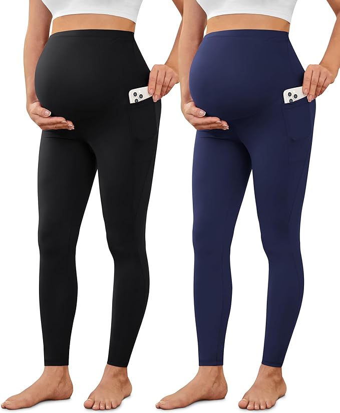VALANDY Creamlush 2 Pack Women's Maternity Leggings with Pockets Over The Belly,Soft Comfy Active Yoga Lounge Pregnancy Pants
