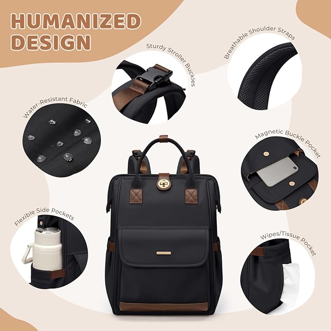 Diaper Bag Backpack,Multi Function Water Resistant Diaper Bag With Hook,Casual Hanging diaper bag for mom,16 Inch,Black