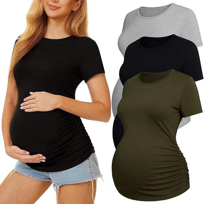 3 Pack Womens Maternity Shirts - Crew Neck Maternity Top Short Sleeve Pregnancy Tee Shirts