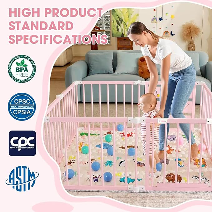 Foldable Wooden Baby Playpen with Soft Play Mat, Adjustable Playpen for Babies and Toddlers with 36 Colorful Balls, Portable Baby Fence Play Area Activity Center with Gate for Toddlers(56x56x23inches)