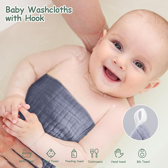 Looxii Muslin Baby Washcloths 6 Pack, 100% Cotton Baby Wash Cloths for Baby Face Body, 12x12 inches Large Soft Absorbent Face Towels for Newborns Multicolor