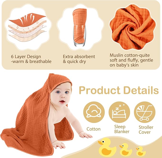 Peryiter 6 Pcs Muslin Hooded Baby Towels 32x32inch Cotton Newborn Bath Essentials Muslin Infant Blankets Absorbent Registry Baby Shower Present for Babies Girl Boy Kids (Yellow,Blue,Green,Orange)
